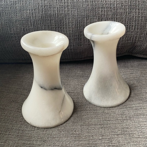 Vintage Pair of White Marble Short Taper Candlestick Holders Made in Taiwan.
